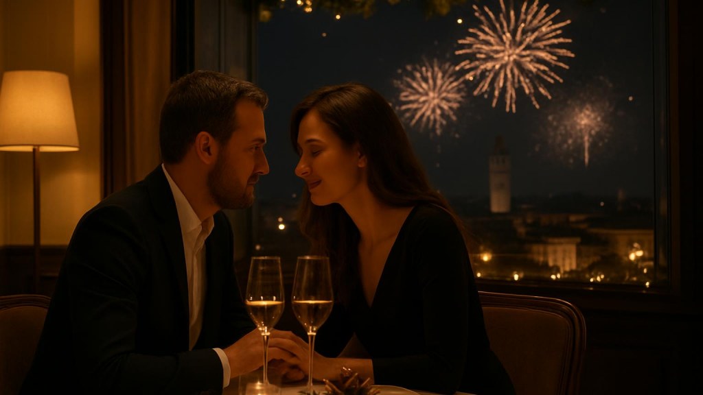 Coppia durante una cena romantica di Capodanno