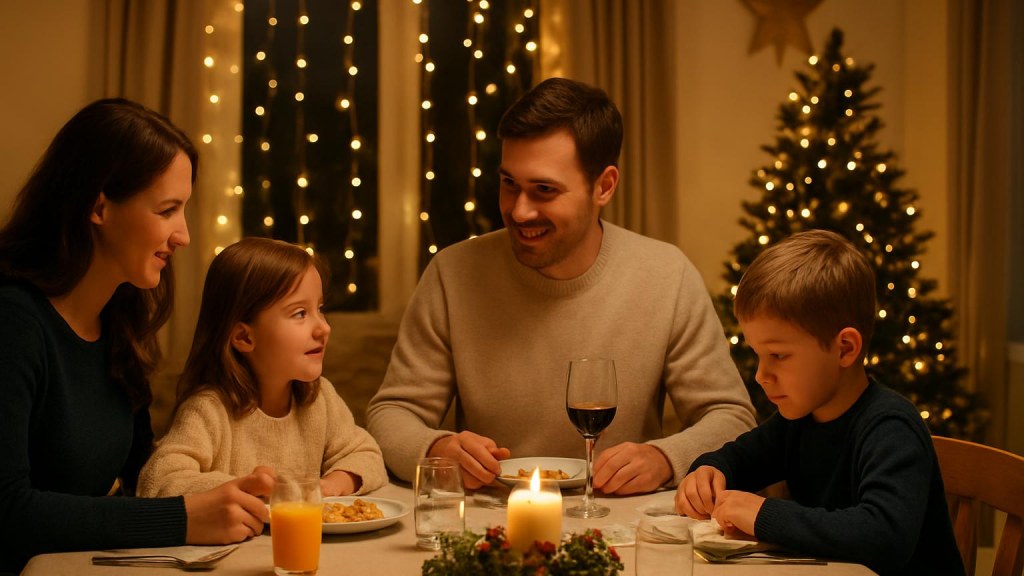 Famiglia con bambini in ambiente accogliente per Capodanno