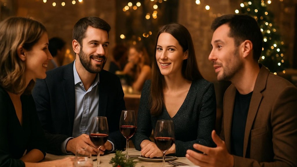 Gruppo di adulti in contesto conviviale per Capodanno
